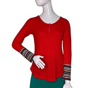 Pink Rose Lounge Thermal Top Long Sleeve Red Size M Winter Motif Cuffs Henley